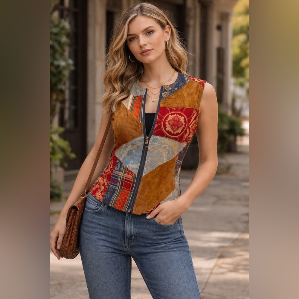 90's Suede & Denim Patchwork Vest